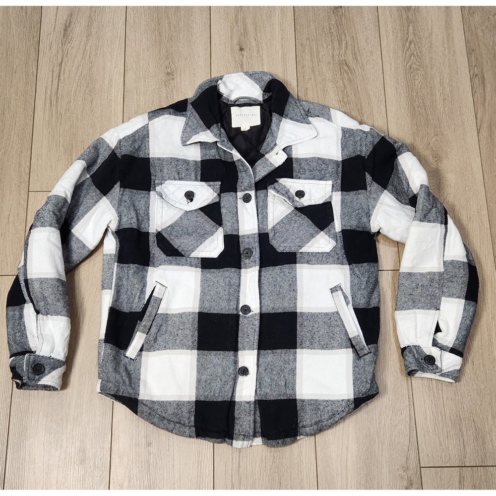Aeropostale Women Black White Buffalo Plaid Quilted Lined Shacket Flannel Coat M